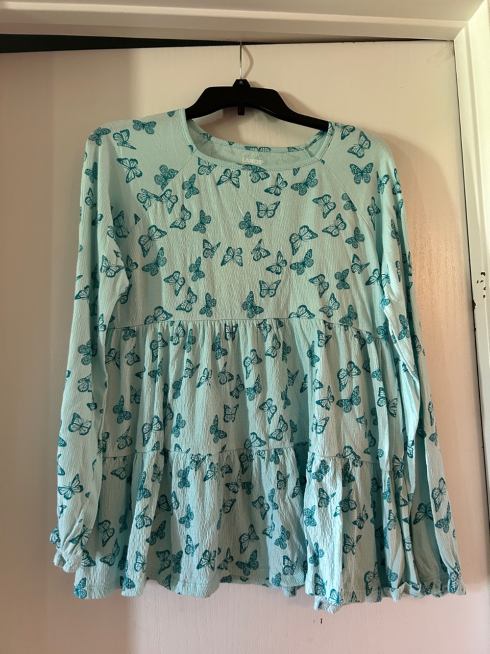 Lands' End Light Aqua Textured Knit Top with Teal Accent